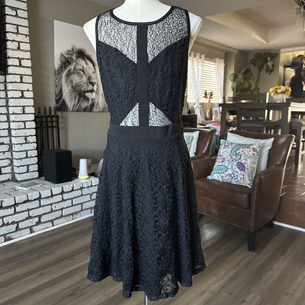 MATERIAL GIRL Madonna Black Lace Skater Dress Cutouts SZ L Cocktail Party LBD